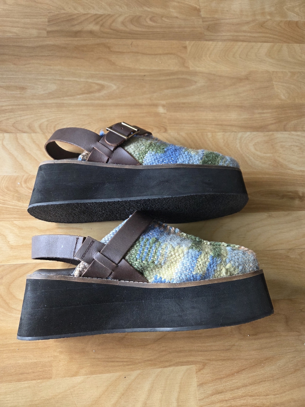 Free People Blue & Green Patterned Platform Clogs with Brown Leather Strap - Picture 5 of 8